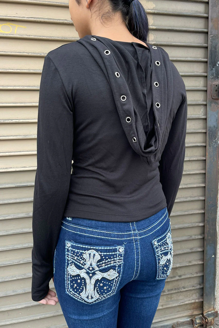 Y2K Grunge/Gothic Long Sleeve Graphic Shirt with Metal-Eyelet Detailed Hoodie and Thumb Hole - Image 2