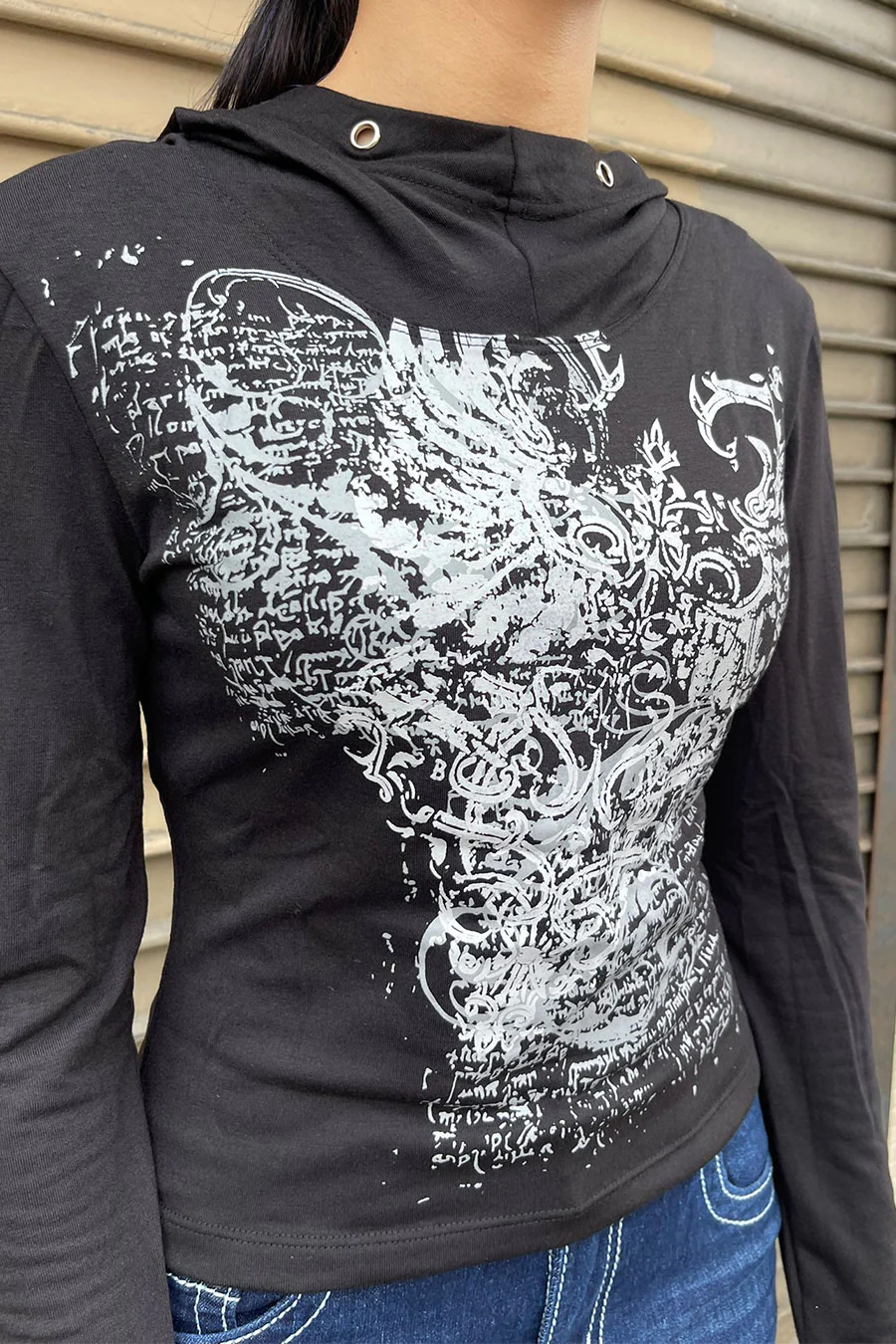 Y2K Grunge/Gothic Long Sleeve Graphic Shirt with Metal-Eyelet Detailed Hoodie and Thumb Hole - Image 3