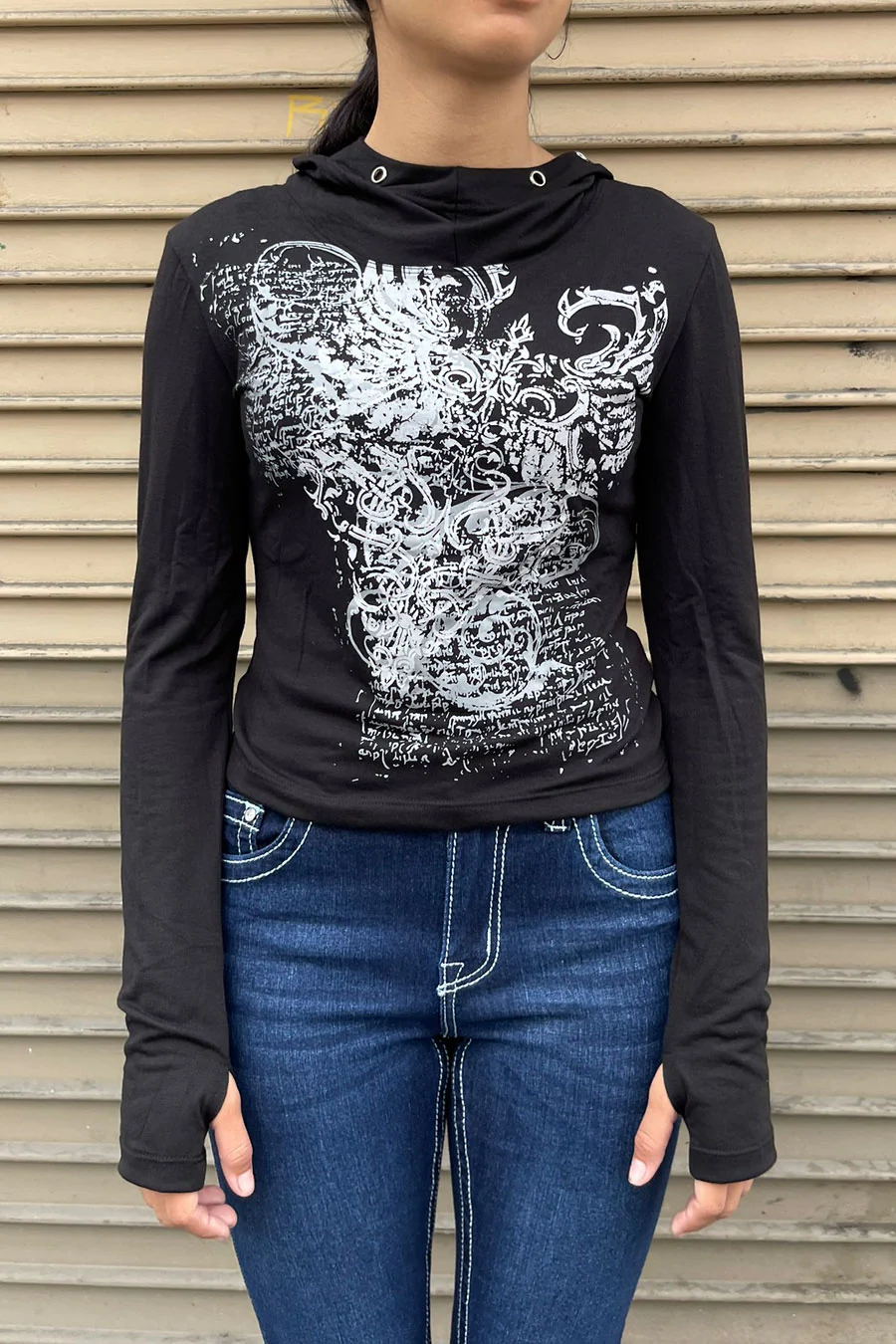 Y2K Grunge/Gothic Long Sleeve Graphic Shirt with Metal-Eyelet Detailed Hoodie and Thumb Hole - Image 4