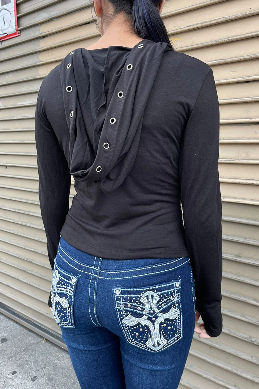 Y2K Grunge/Gothic Long Sleeve Graphic Shirt with Metal-Eyelet Detailed Hoodie and Thumb Hole - Image 5