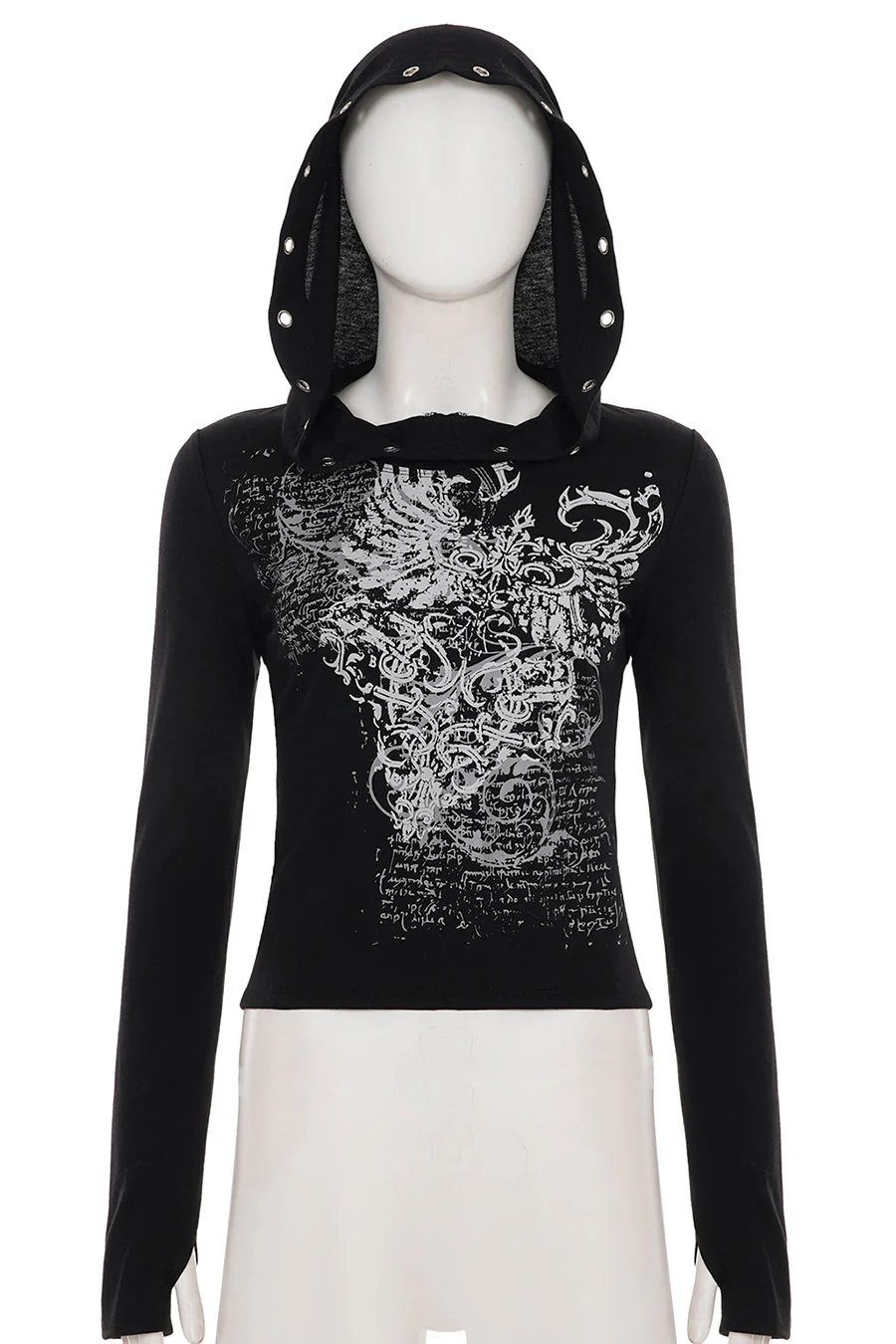 Y2K Grunge/Gothic Long Sleeve Graphic Shirt with Metal-Eyelet Detailed Hoodie and Thumb Hole - Image 6