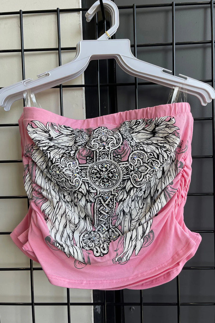Y2K McBling Cross & Angel Wing RhineStone Print Crop Tube Top Light Pink
