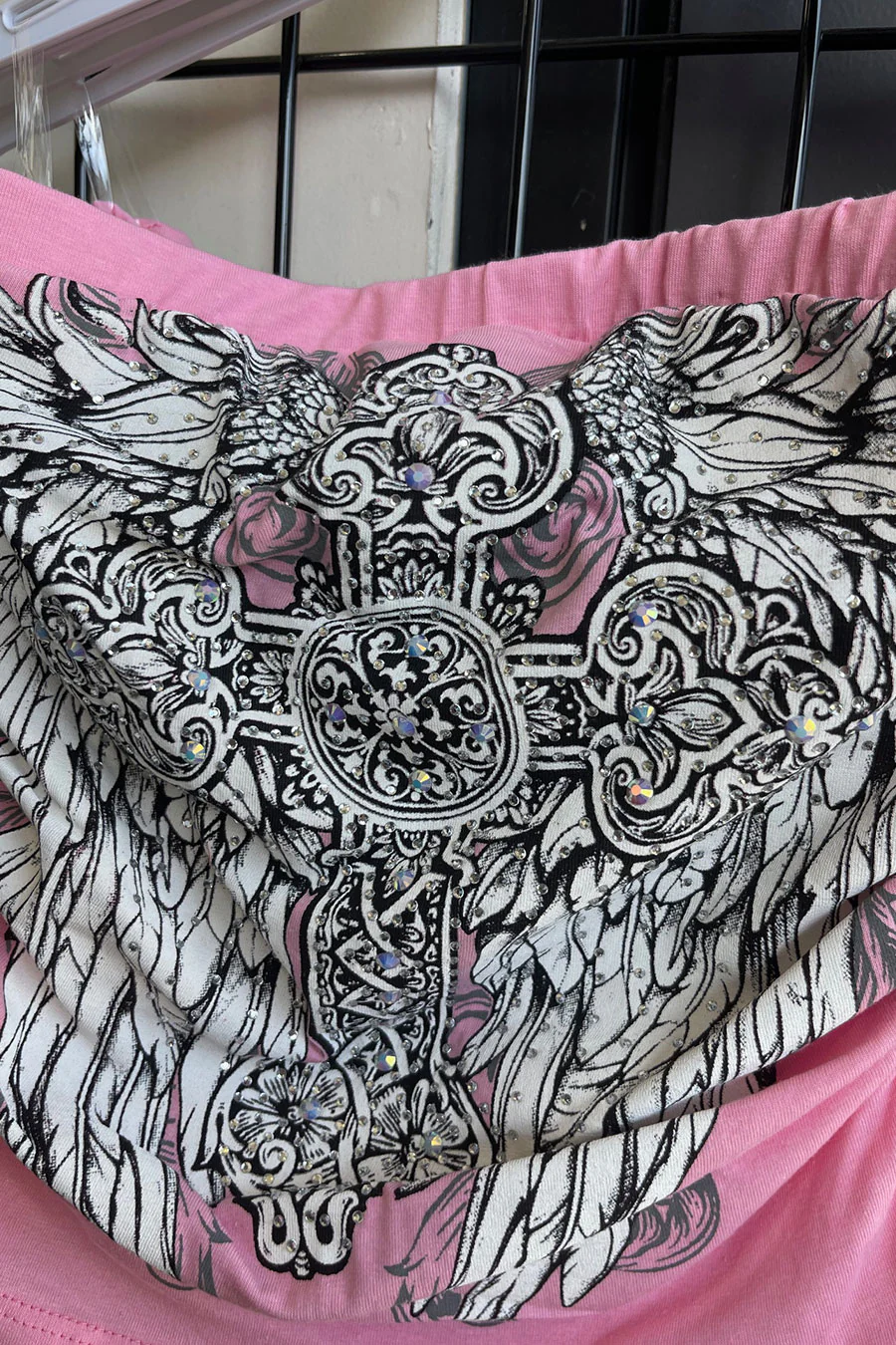 Y2K McBling Cross & Angel Wing RhineStone Print Crop Tube Top Light Pink - Image 2