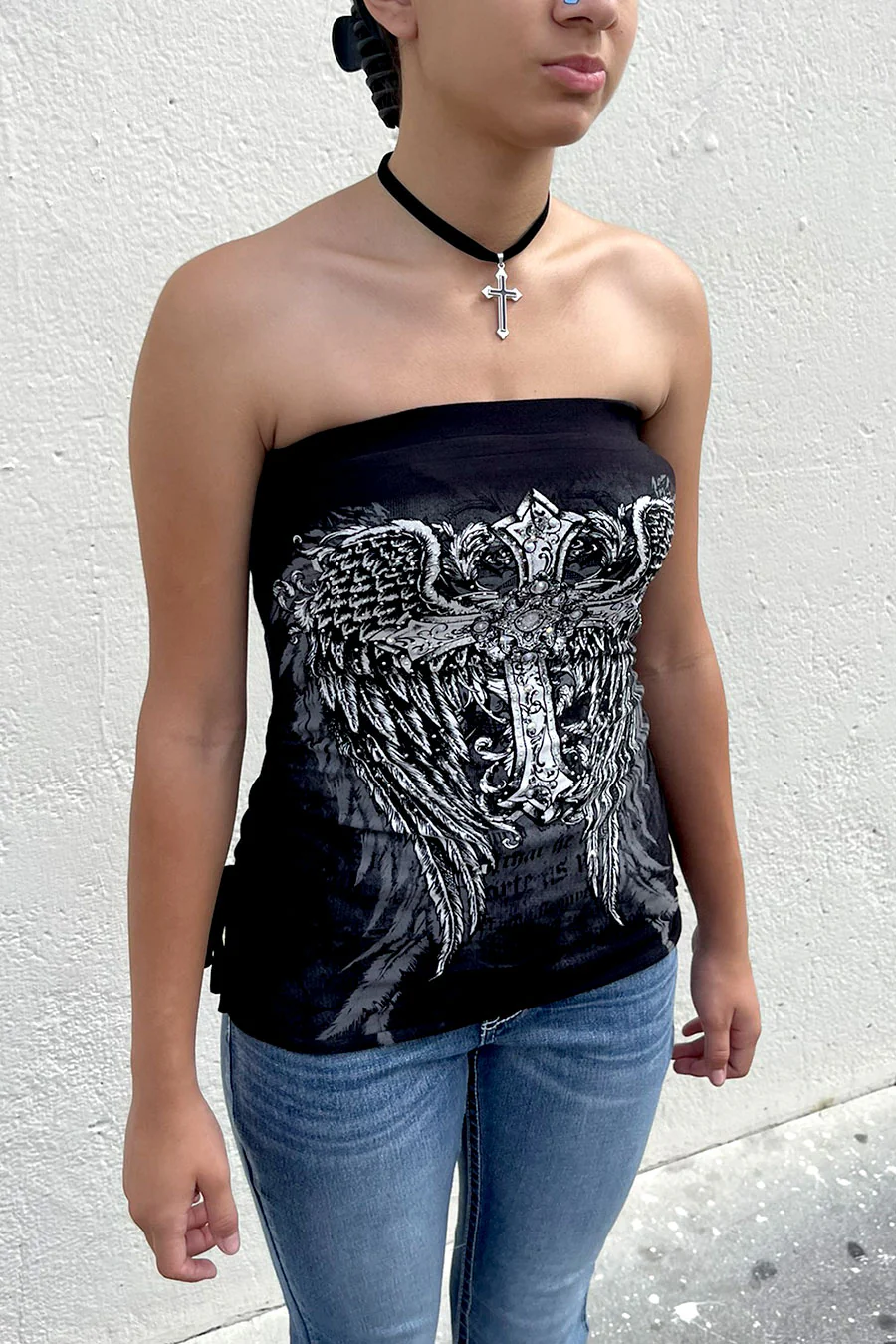 Y2K McBling Cross & Angel Wing RhineStone Print Side Shirred Tube Top
