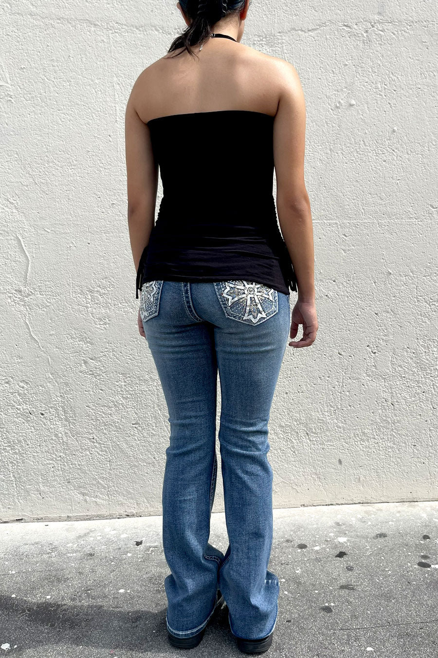 Y2K McBling Cross & Angel Wing RhineStone Print Side Shirred Tube Top - Image 3