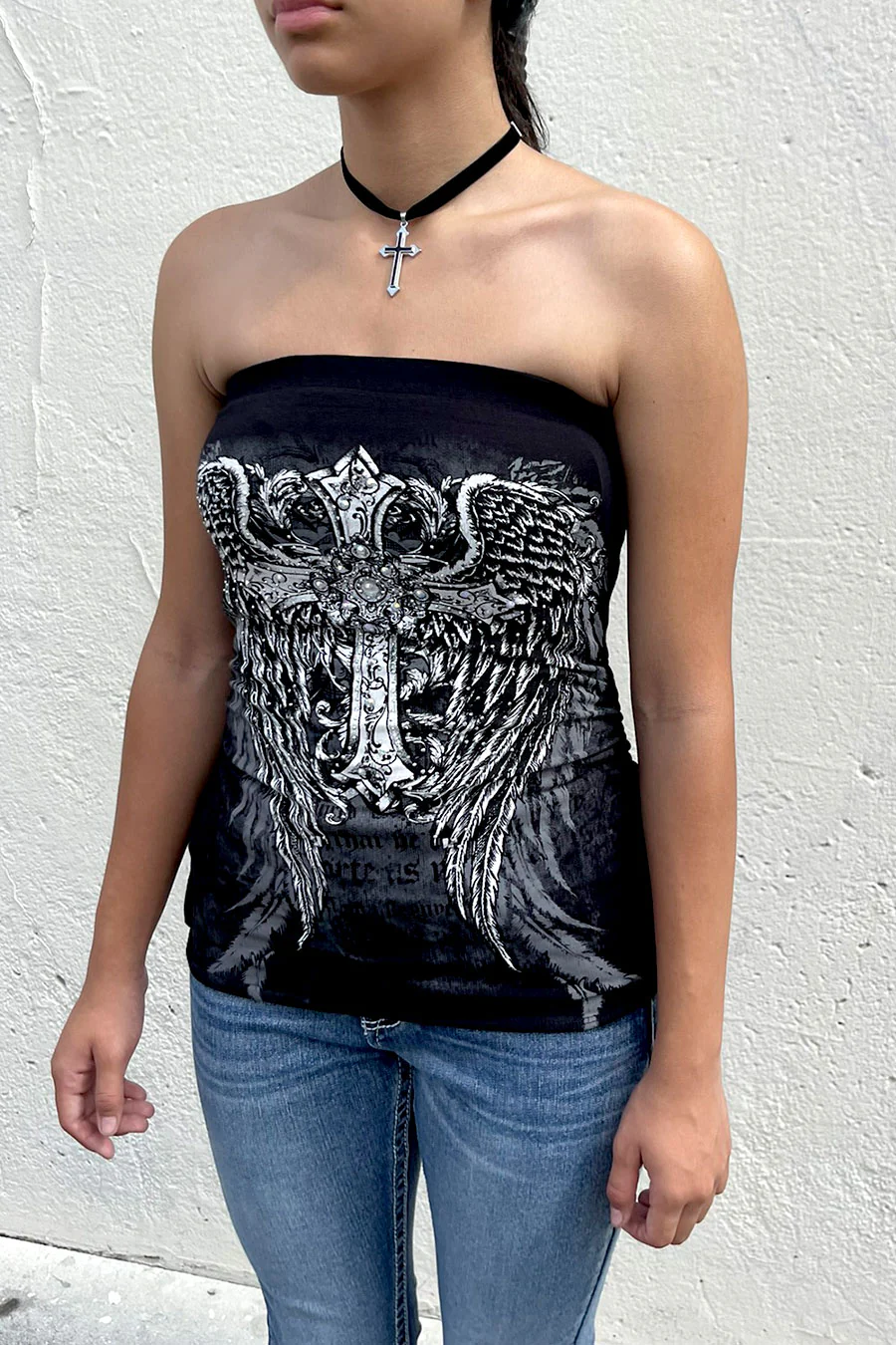 Y2K McBling Cross & Angel Wing RhineStone Print Side Shirred Tube Top - Image 4