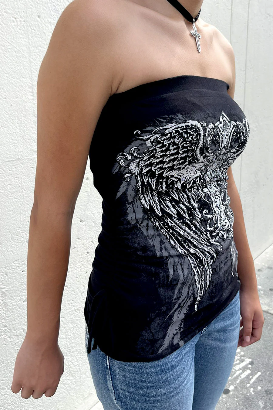 Y2K McBling Cross & Angel Wing RhineStone Print Side Shirred Tube Top - Image 5