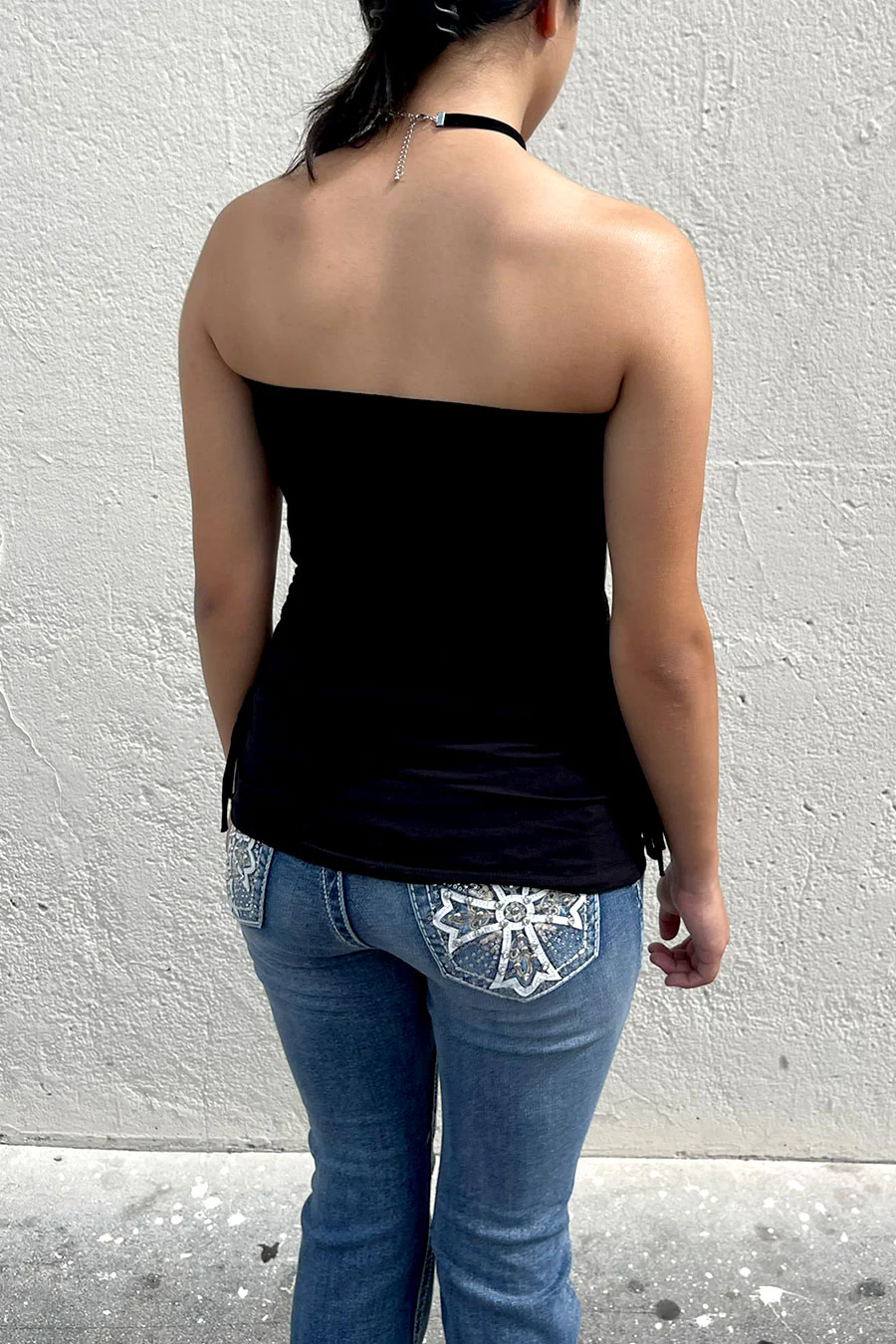 Y2K McBling Cross & Angel Wing RhineStone Print Side Shirred Tube Top - Image 6
