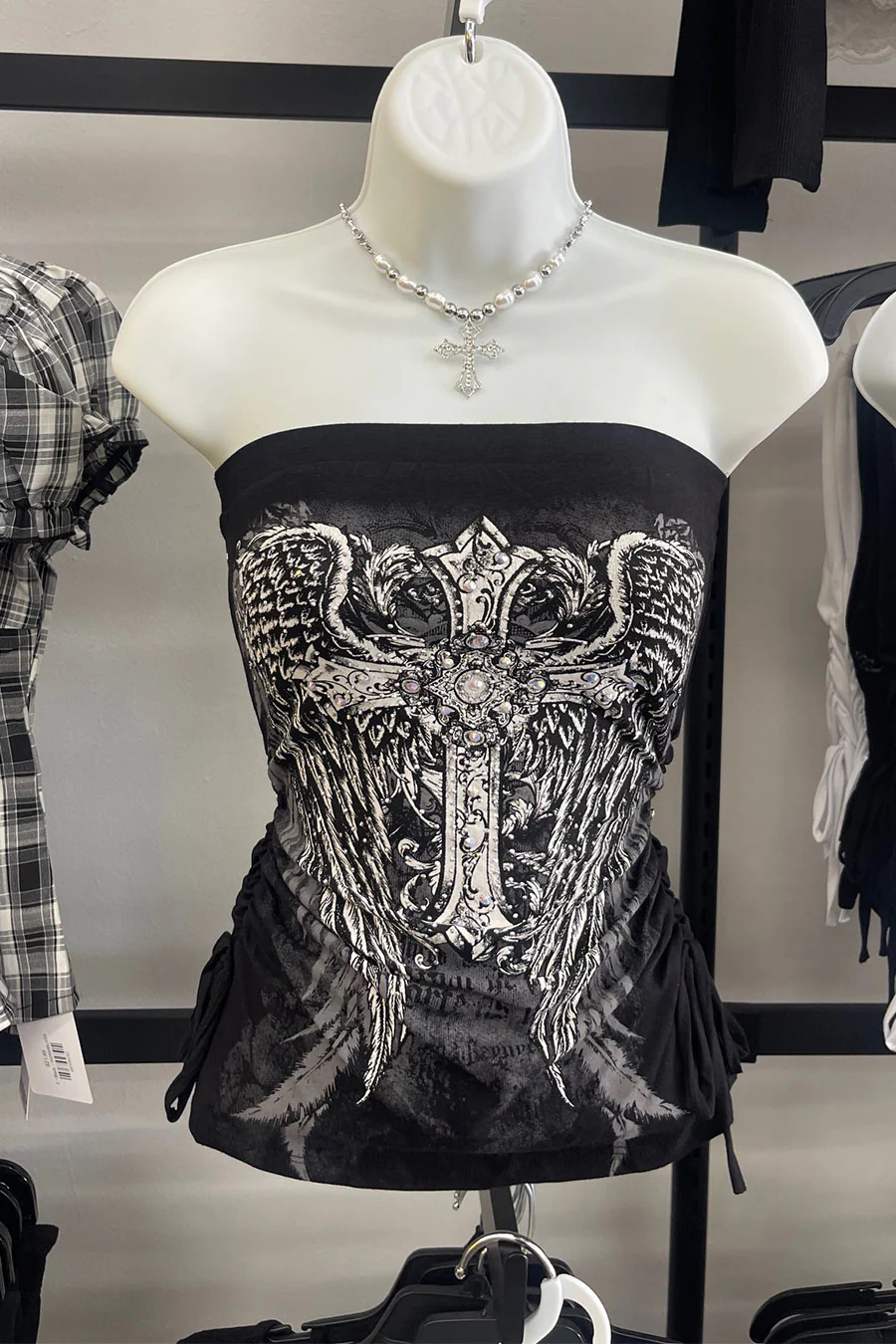 Y2K McBling Cross & Angel Wing RhineStone Print Side Shirred Tube Top - Image 7
