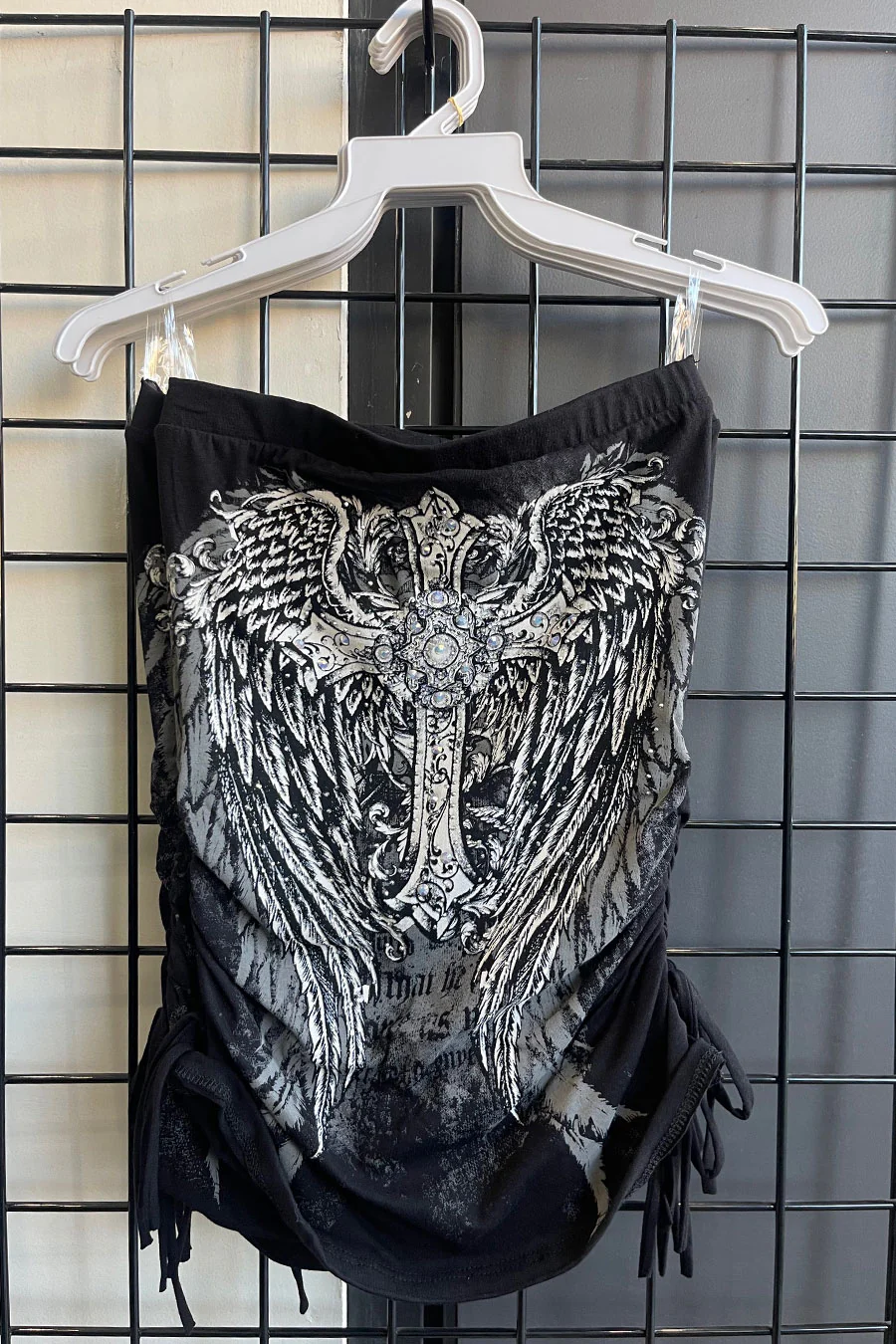 Y2K McBling Cross & Angel Wing RhineStone Print Side Shirred Tube Top - Image 8