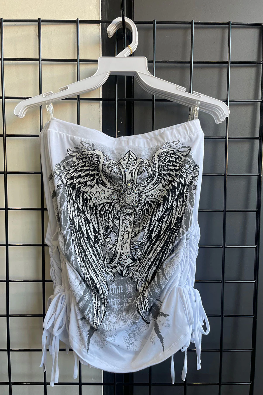 Y2K McBling Cross & Angel Wing RhineStone Print Side Shirred Tube Top - Image 9