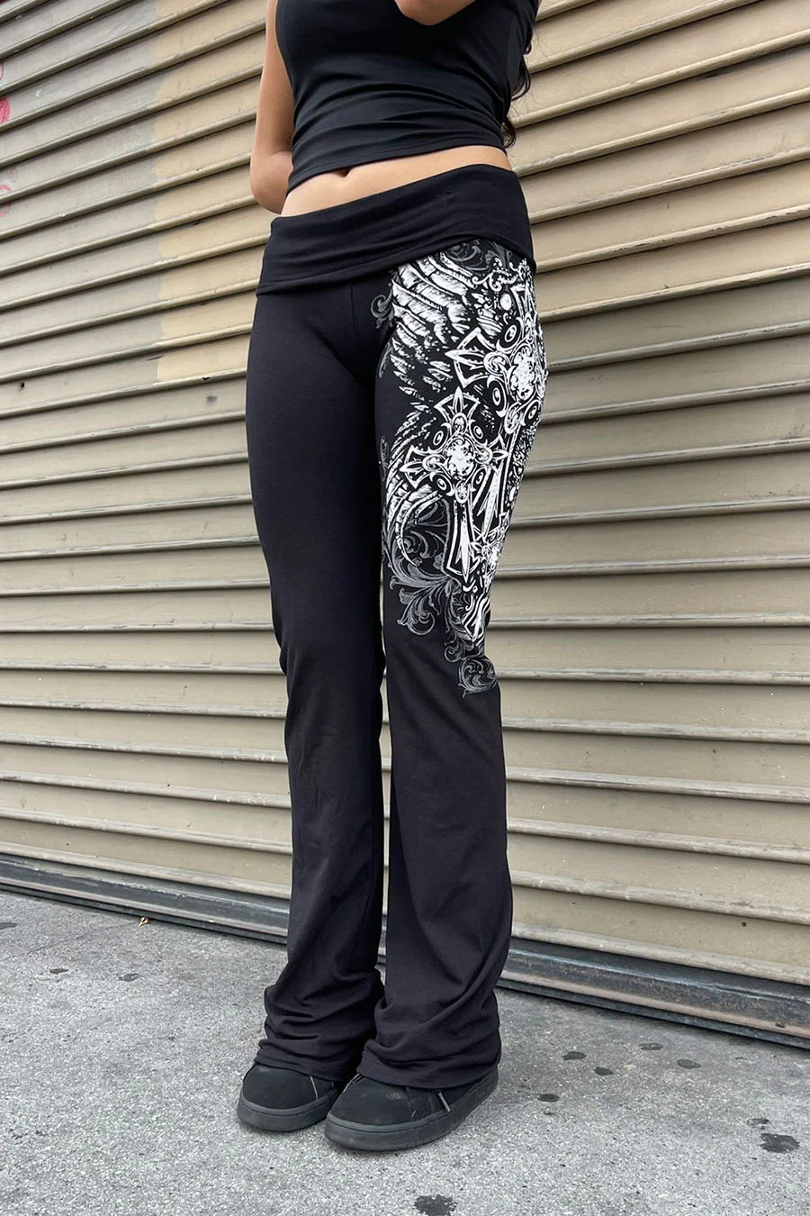 Y2K McBling Cross & Wing Graphic Rhinestone Print Fold-Over Flare Pants