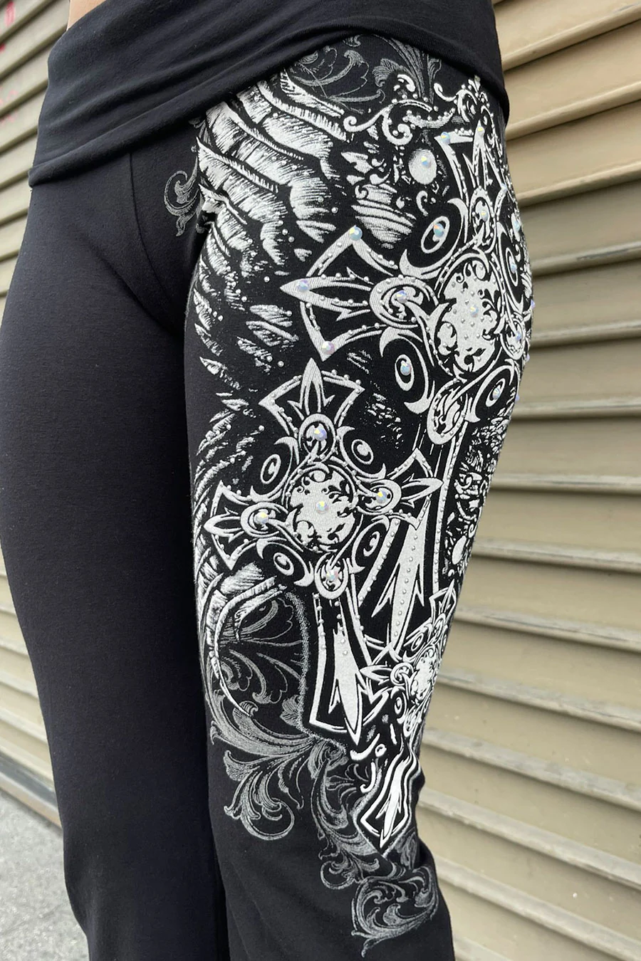 Y2K McBling Cross & Wing Graphic Rhinestone Print Fold-Over Flare Pants - Image 4