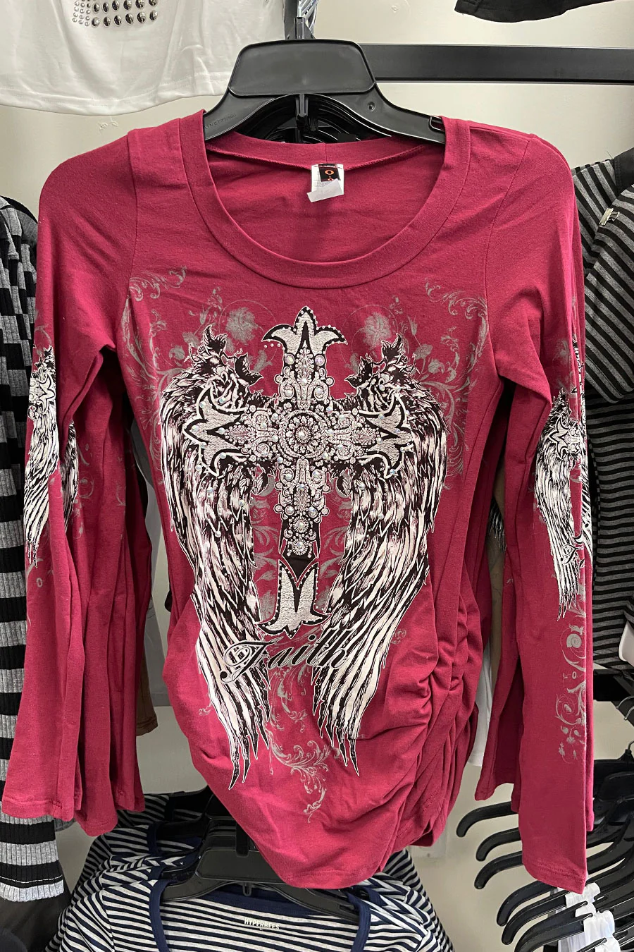 Y2K McBling Cross & Wing Graphic Rhinestone Print Side Shirred Long Sleeve T-Shirt - Image 10