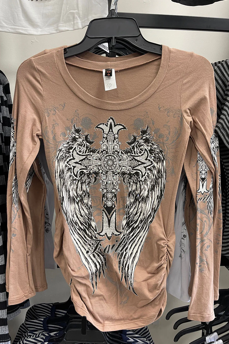 Y2K McBling Cross & Wing Graphic Rhinestone Print Side Shirred Long Sleeve T-Shirt - Image 11