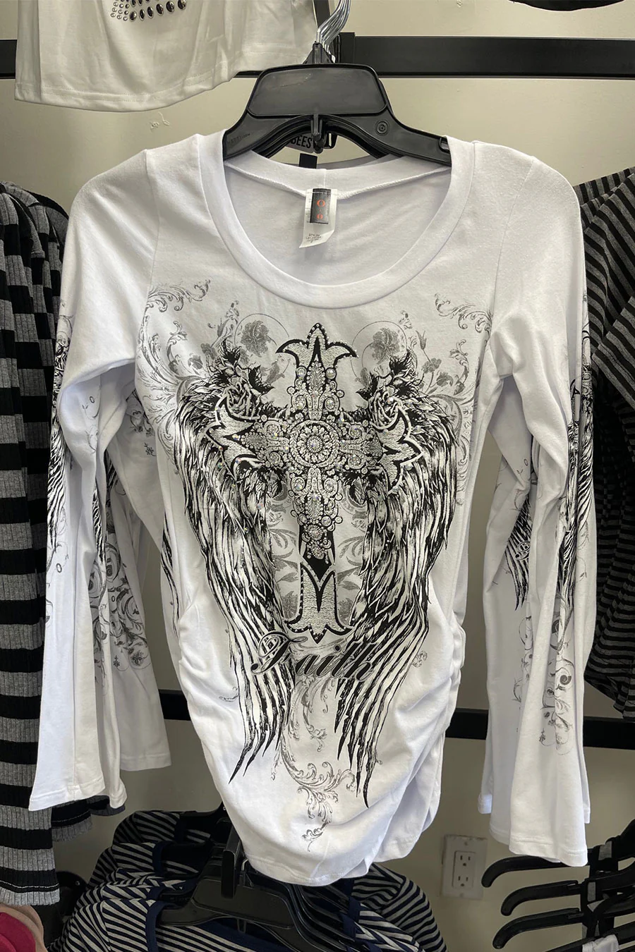Y2K McBling Cross & Wing Graphic Rhinestone Print Side Shirred Long Sleeve T-Shirt - Image 12