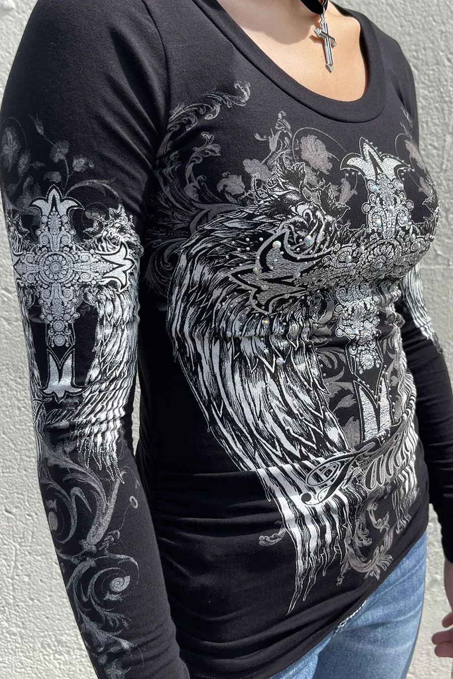 Y2K McBling Cross & Wing Graphic Rhinestone Print Side Shirred Long Sleeve T-Shirt - Image 3
