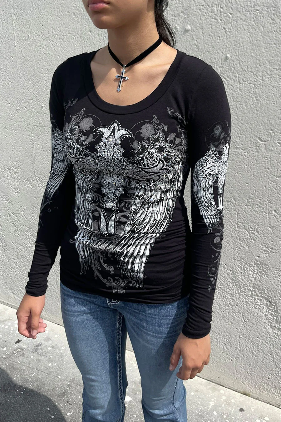 Y2K McBling Cross & Wing Graphic Rhinestone Print Side Shirred Long Sleeve T-Shirt - Image 4