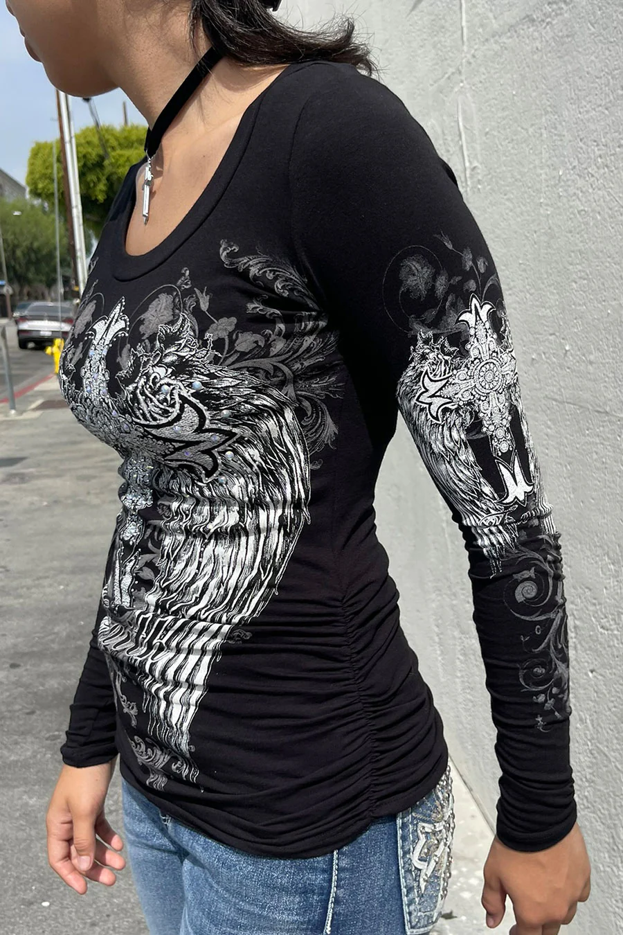 Y2K McBling Cross & Wing Graphic Rhinestone Print Side Shirred Long Sleeve T-Shirt - Image 5