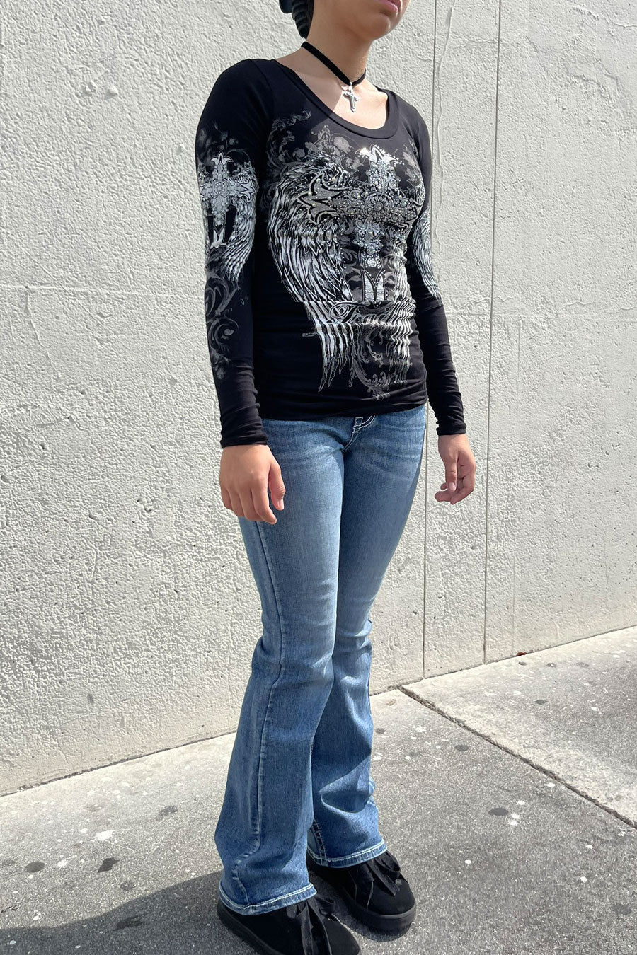 Y2K McBling Cross & Wing Graphic Rhinestone Print Side Shirred Long Sleeve T-Shirt - Image 6