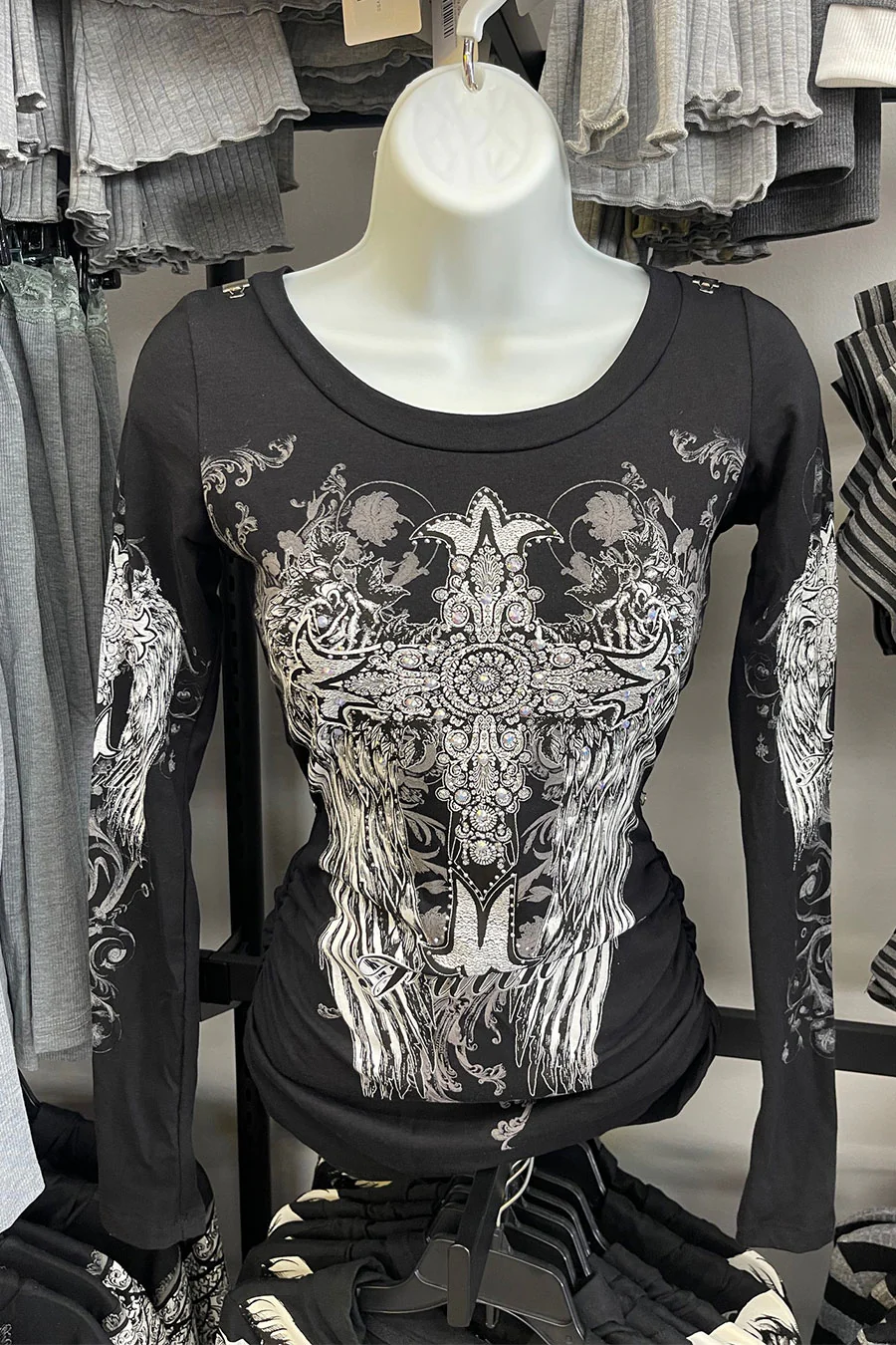Y2K McBling Cross & Wing Graphic Rhinestone Print Side Shirred Long Sleeve T-Shirt - Image 8