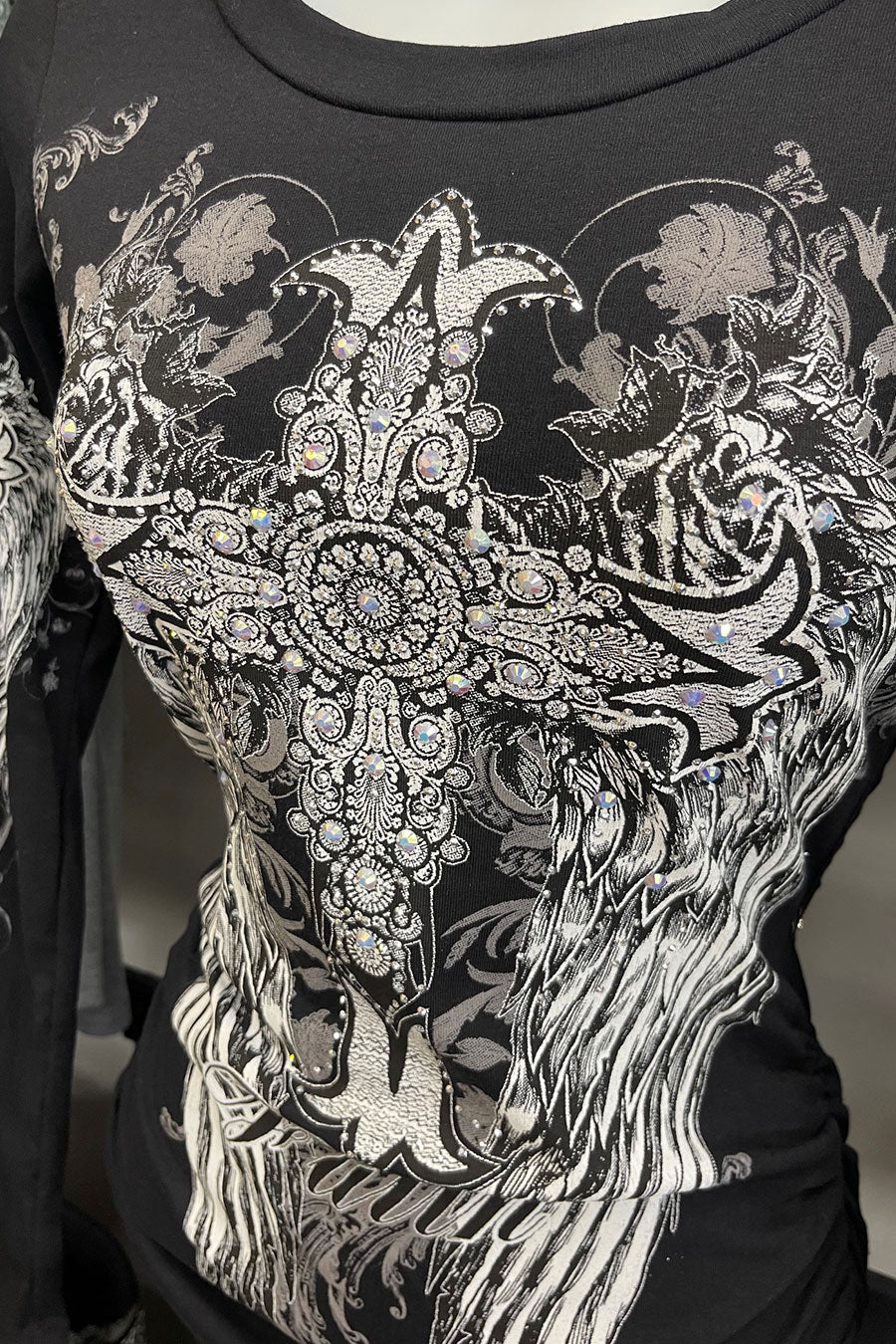 Y2K McBling Cross & Wing Graphic Rhinestone Print Side Shirred Long Sleeve T-Shirt - Image 9