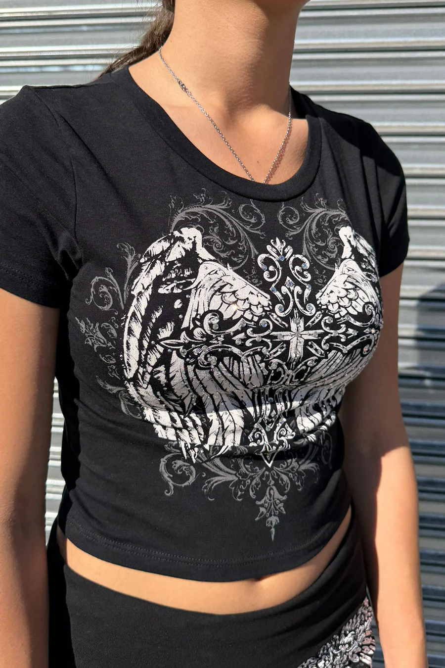 Y2K McBling Cross & Wing Rhinestone Print Crew Neck Short Sleeve Crop Top - Image 2