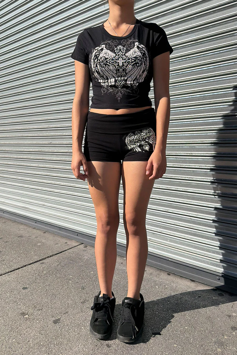 Y2K McBling Cross & Wing Rhinestone Print Crew Neck Short Sleeve Crop Top - Image 4
