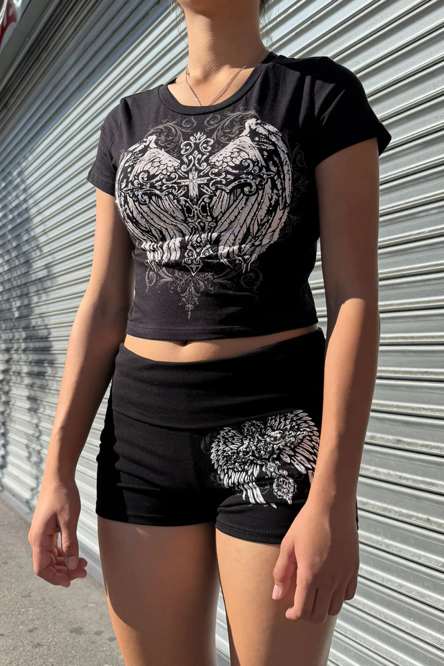 Y2K McBling Cross & Wing Rhinestone Print Crew Neck Short Sleeve Crop Top - Image 6