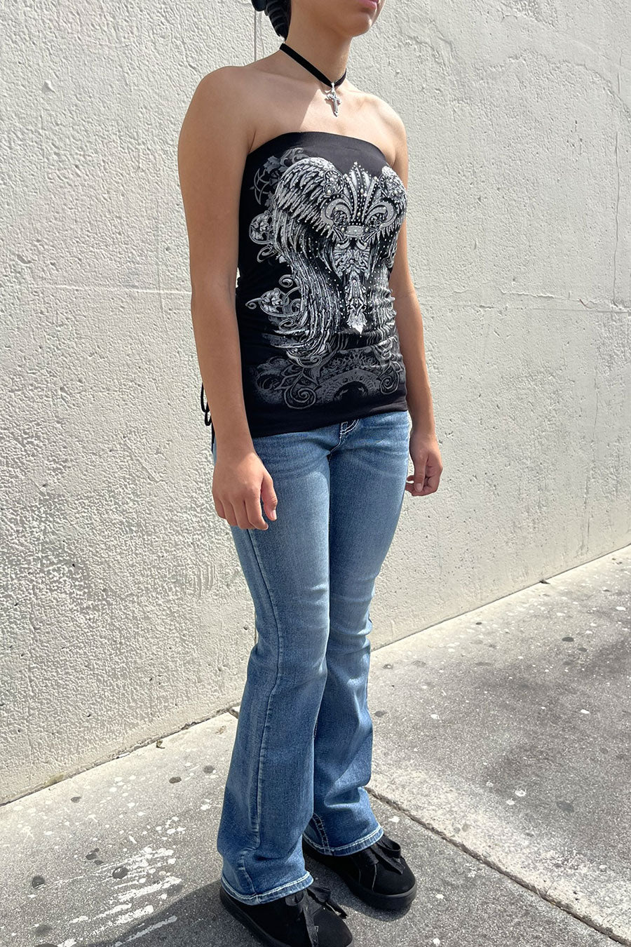 Y2K McBling Fleur De Lis Graphic RhineStone Print Side Shirred Tube Top - Image 3