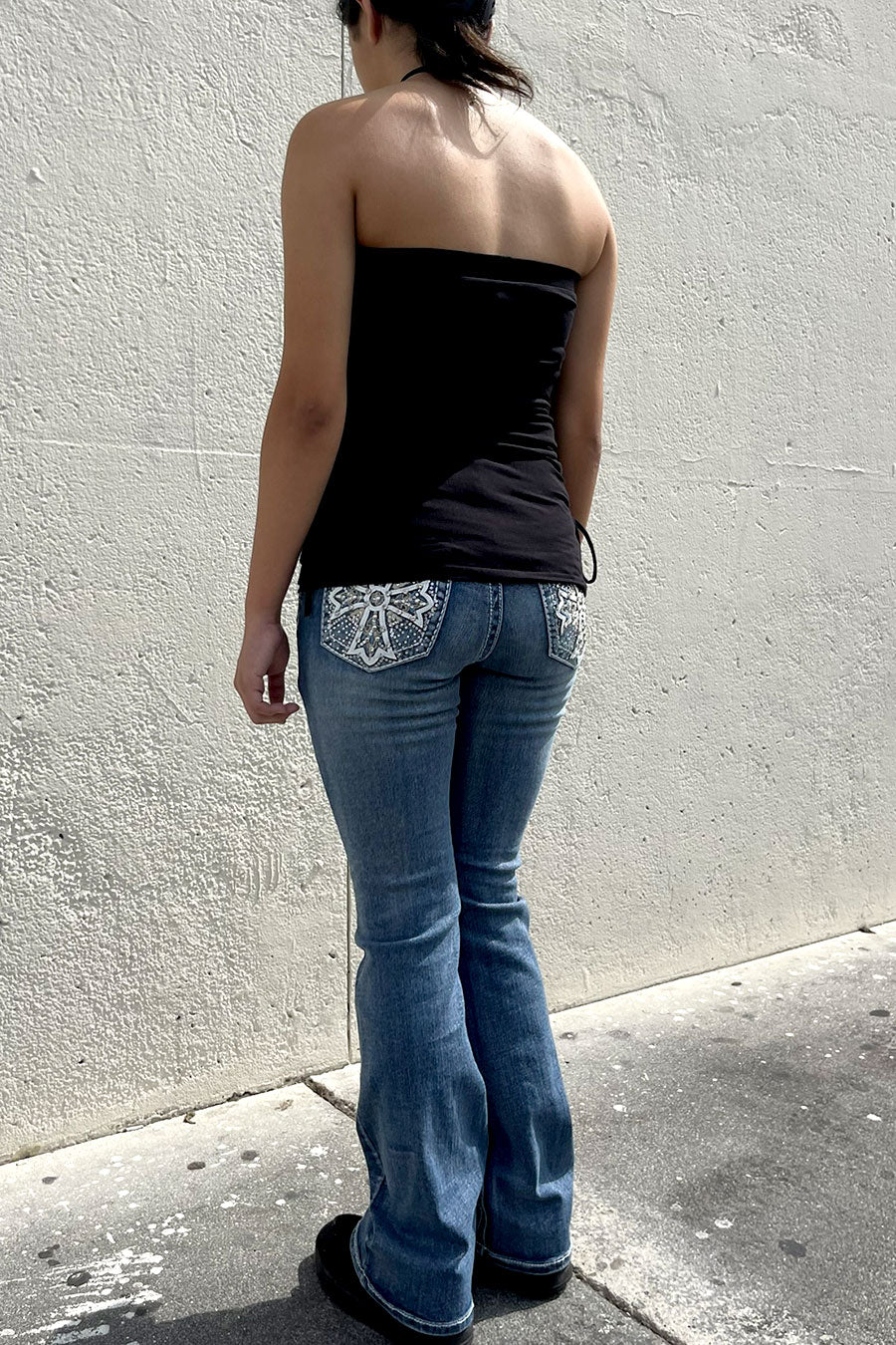 Y2K McBling Fleur De Lis Graphic RhineStone Print Side Shirred Tube Top - Image 4
