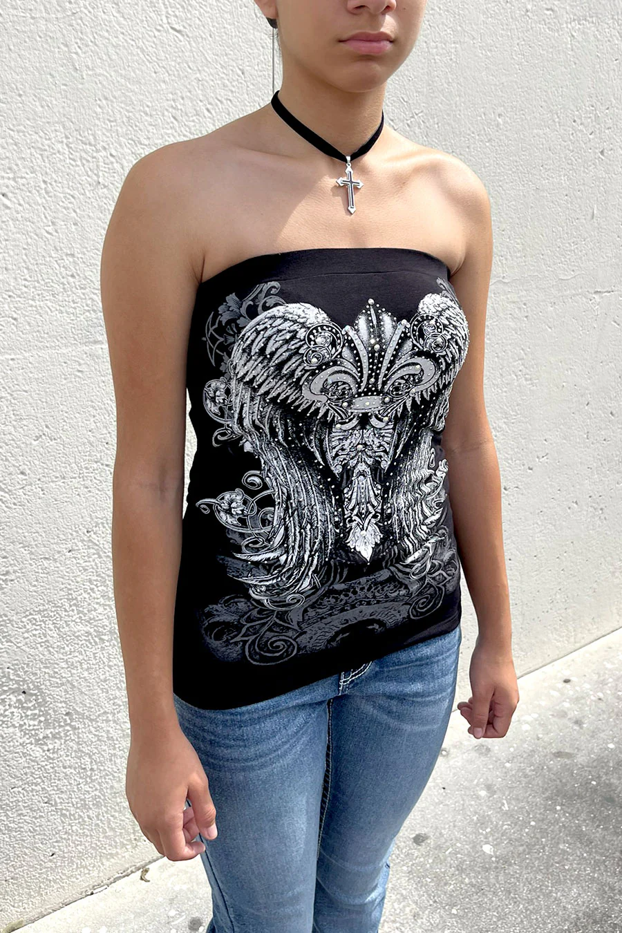 Y2K McBling Fleur De Lis Graphic RhineStone Print Side Shirred Tube Top - Image 5