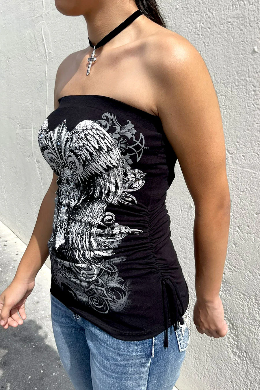 Y2K McBling Fleur De Lis Graphic RhineStone Print Side Shirred Tube Top - Image 6