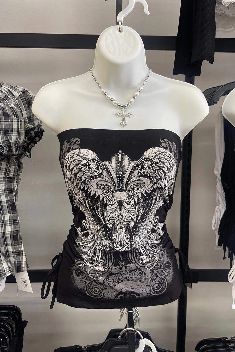 Y2K McBling Fleur De Lis Graphic RhineStone Print Side Shirred Tube Top - Image 7