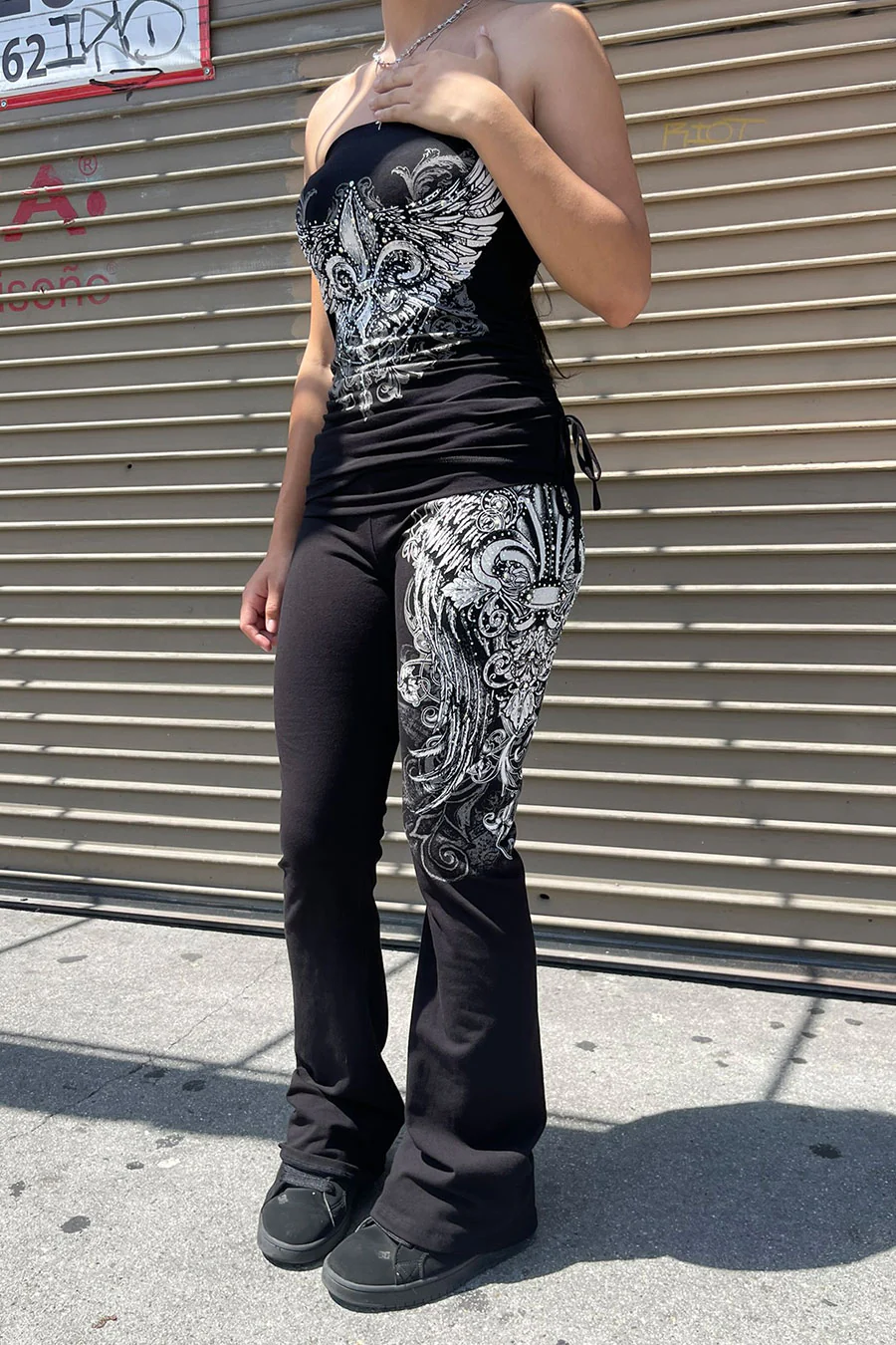 Y2K McBling Fleur De Lis Jeweled Rhinestone Print Fold-Over Flare Pants - Image 2