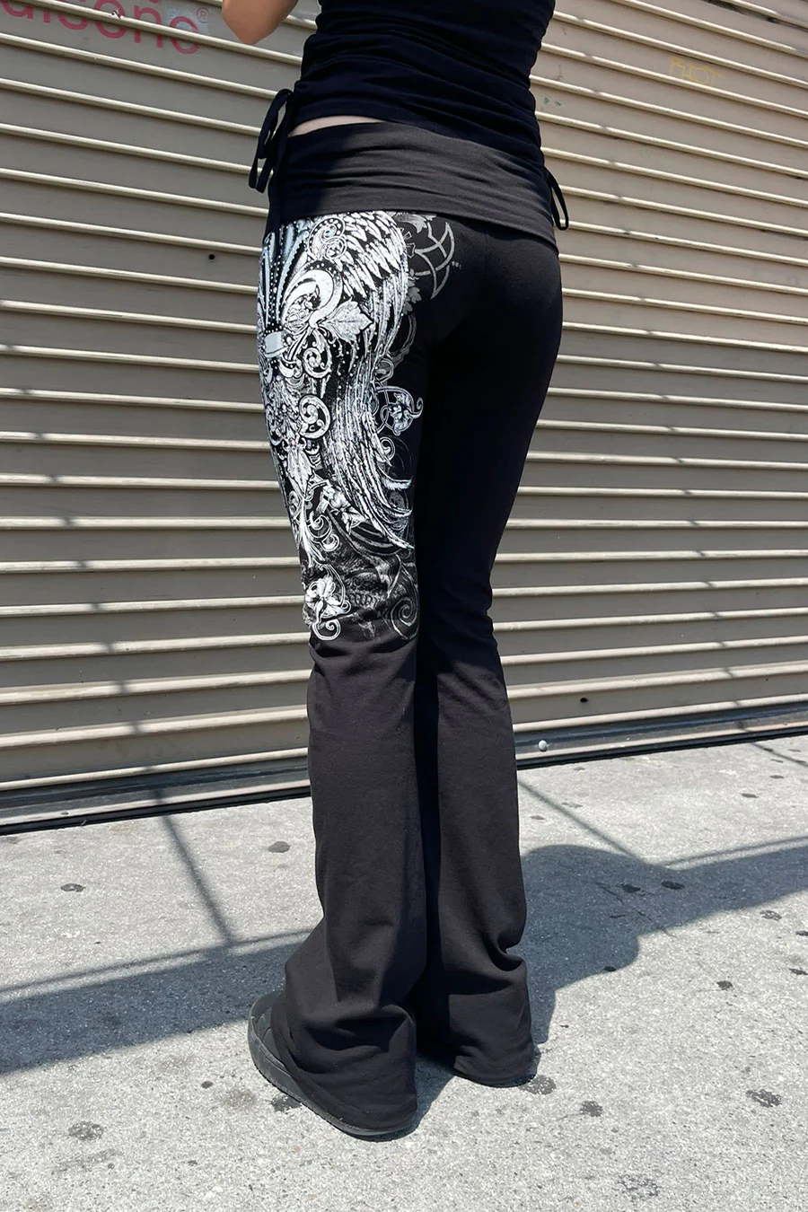 Y2K McBling Fleur De Lis Jeweled Rhinestone Print Fold-Over Flare Pants - Image 3