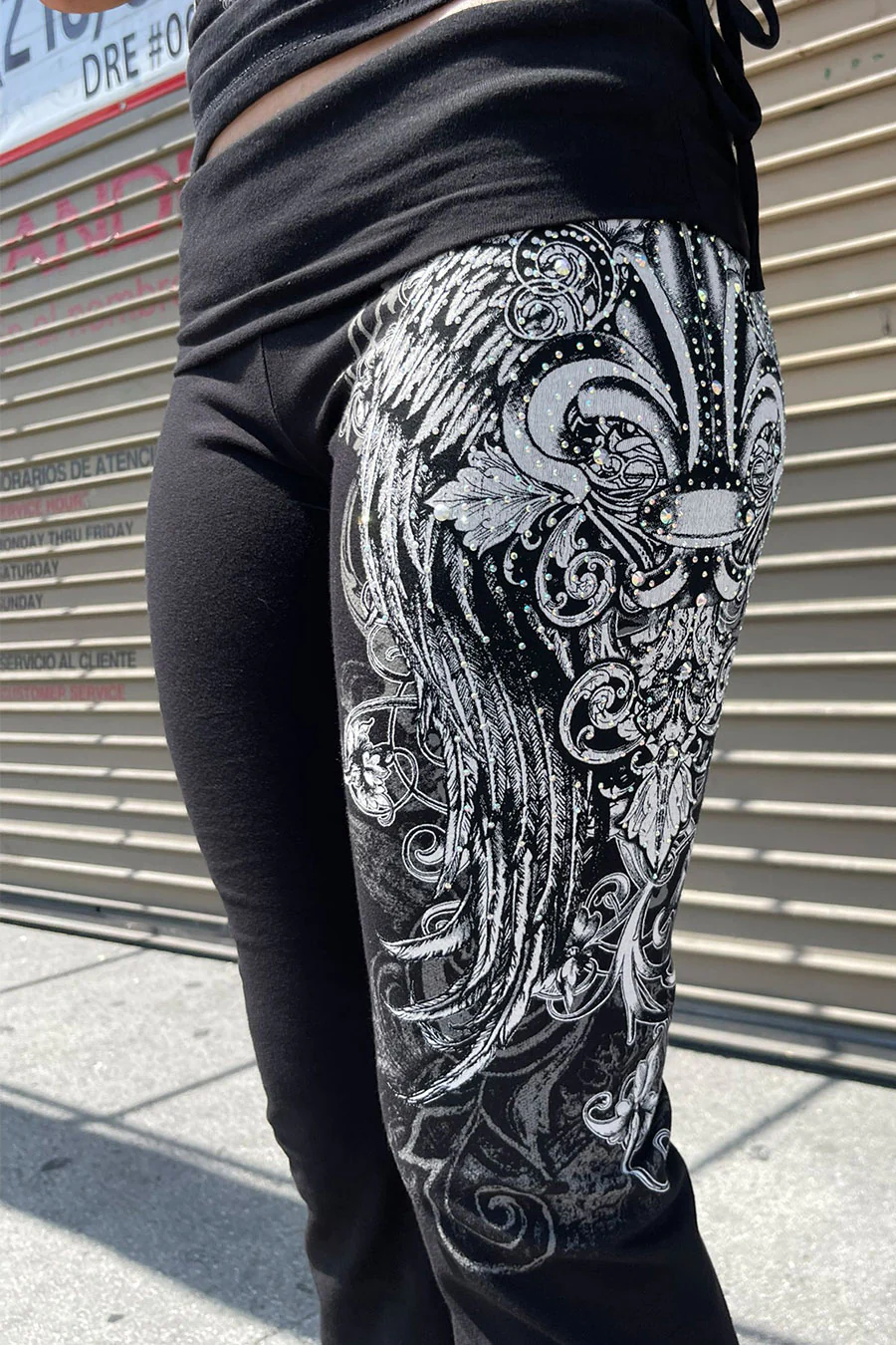 Y2K McBling Fleur De Lis Jeweled Rhinestone Print Fold-Over Flare Pants - Image 4