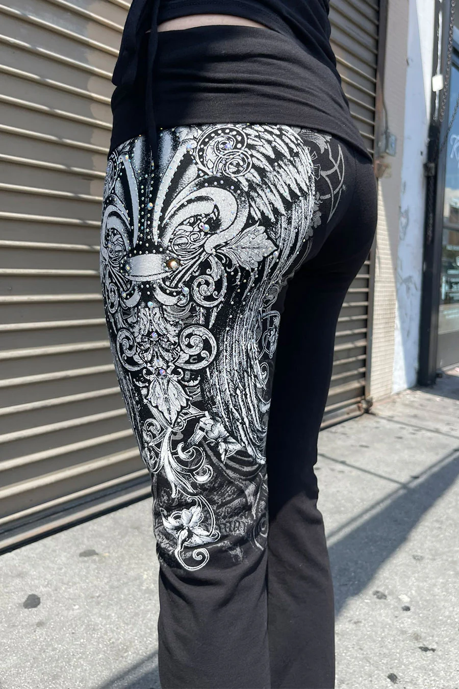 Y2K McBling Fleur De Lis Jeweled Rhinestone Print Fold-Over Flare Pants - Image 5