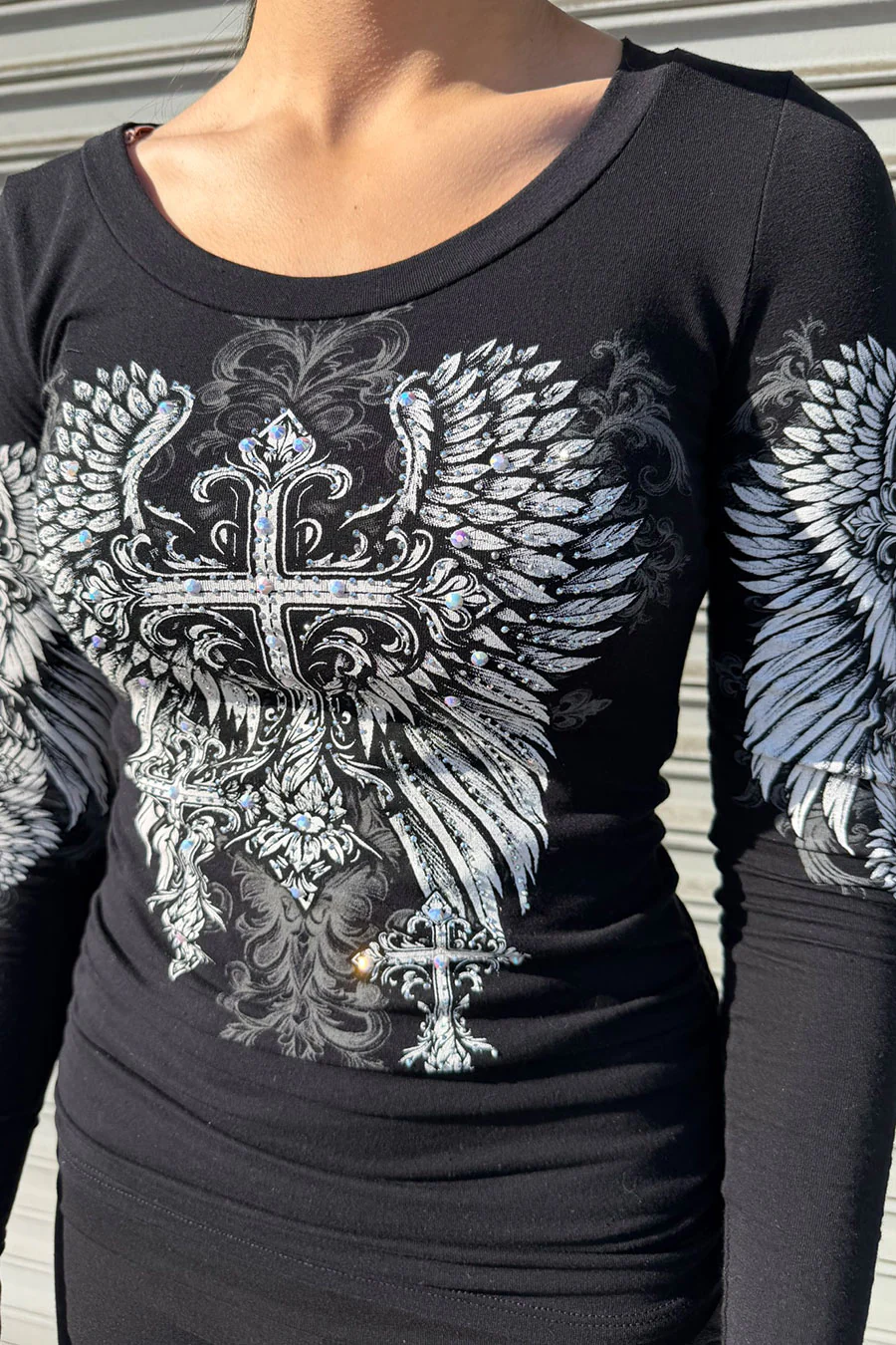 Y2K McBling Gothic Cross & Wing Graphic Rhinestone Print Side Shirred Long Sleeve T-Shirt - Image 2