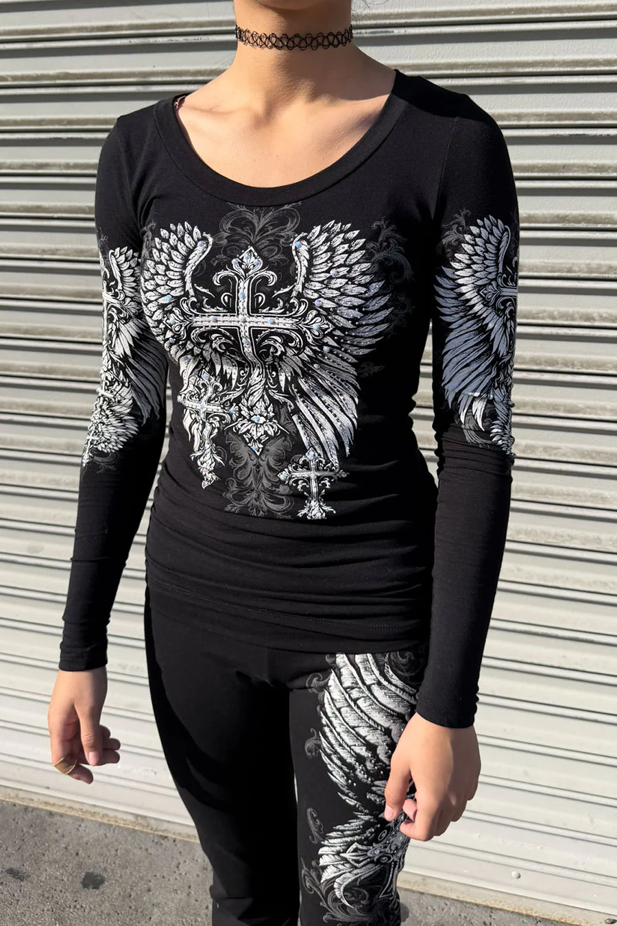Y2K McBling Gothic Cross & Wing Graphic Rhinestone Print Side Shirred Long Sleeve T-Shirt - Image 3
