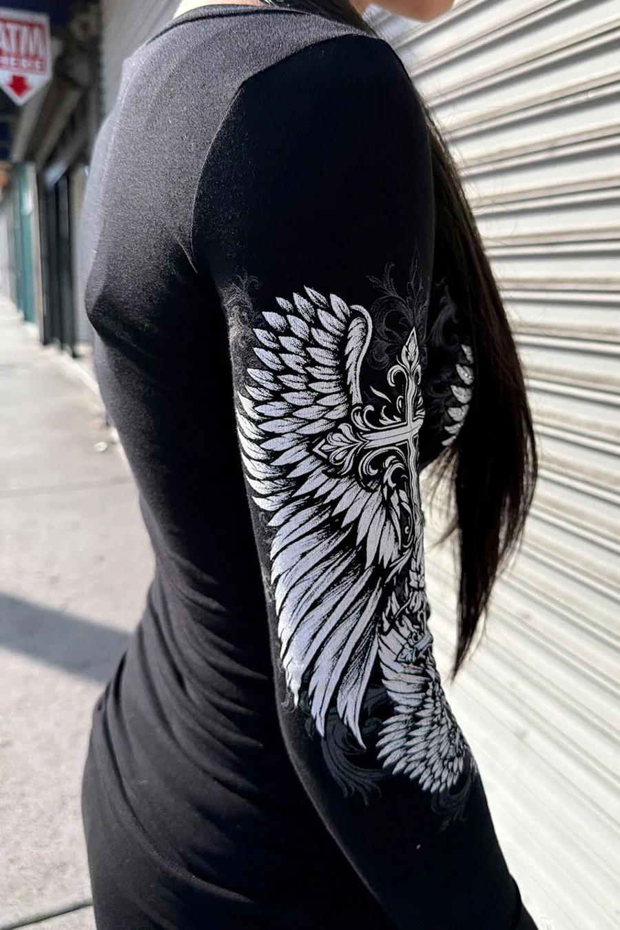 Y2K McBling Gothic Cross & Wing Graphic Rhinestone Print Side Shirred Long Sleeve T-Shirt - Image 4