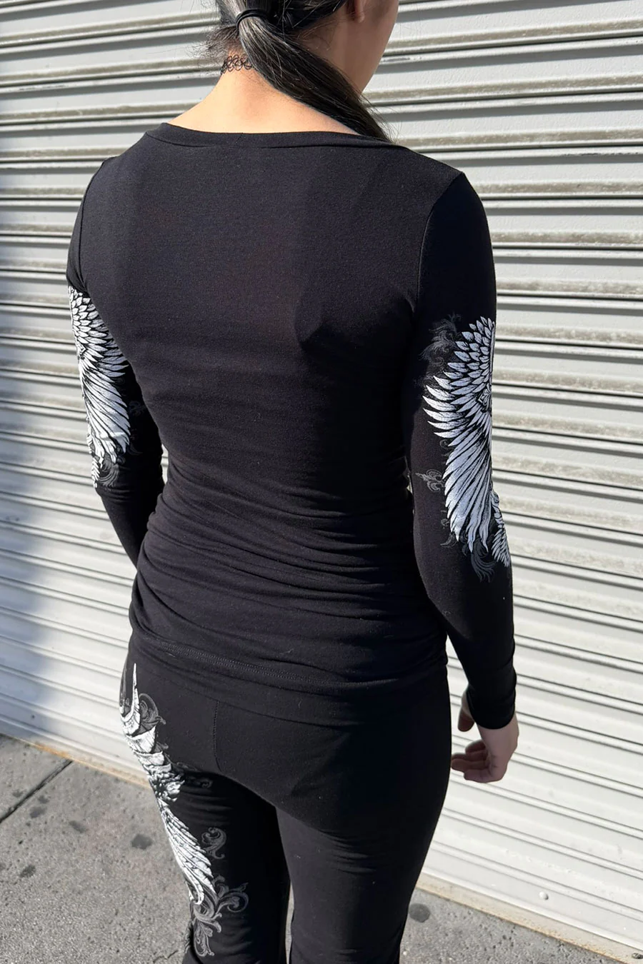 Y2K McBling Gothic Cross & Wing Graphic Rhinestone Print Side Shirred Long Sleeve T-Shirt - Image 5