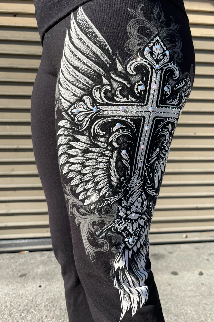 Y2K McBling Gothic Cross & Wing Graphic Rhinestone Print Fold-Over Flare Pants - Image 2
