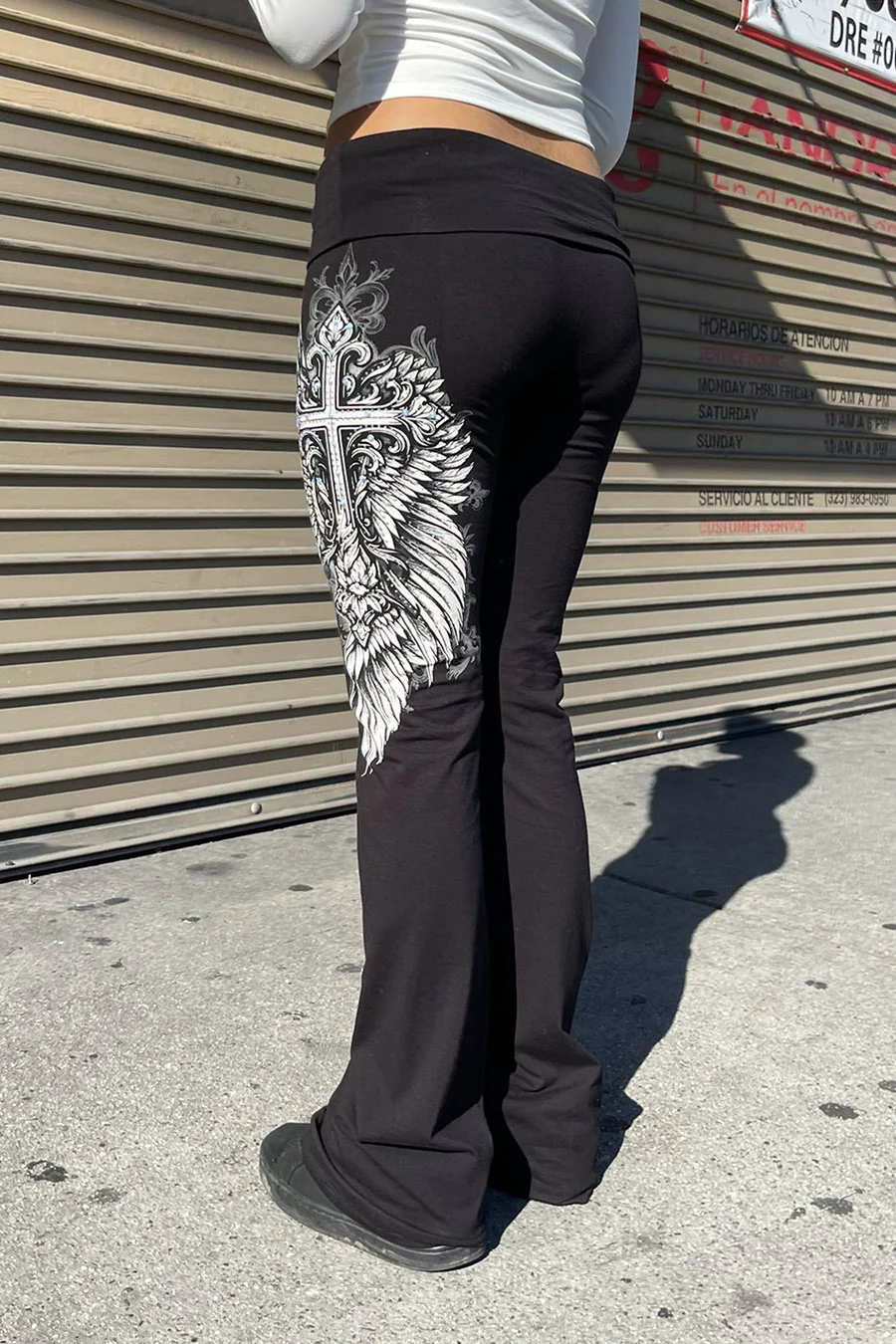 Y2K McBling Gothic Cross & Wing Graphic Rhinestone Print Fold-Over Flare Pants - Image 3