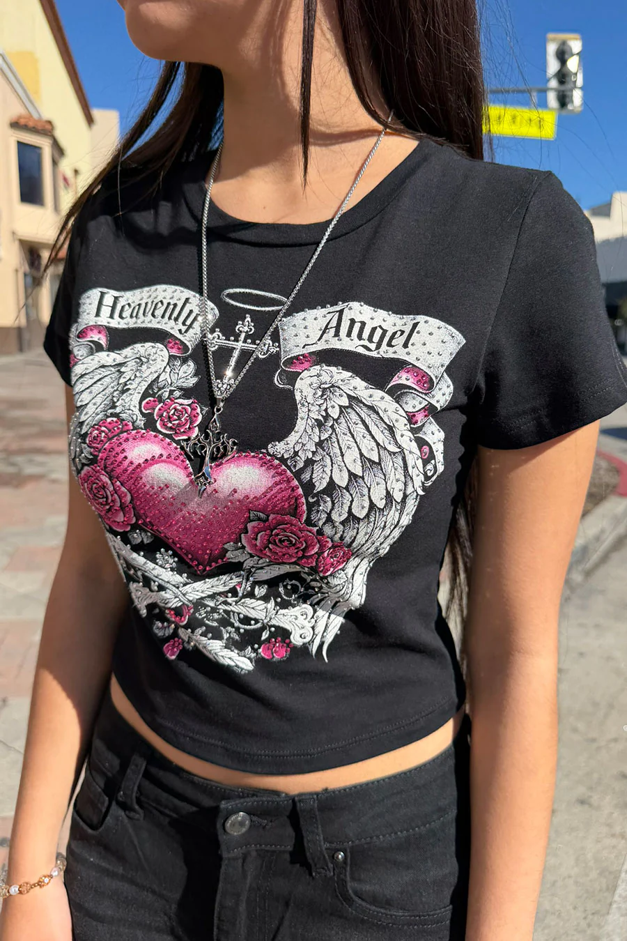 Y2K McBling Heavenly Angel Rhinestone Print Short Sleeve Crop Top