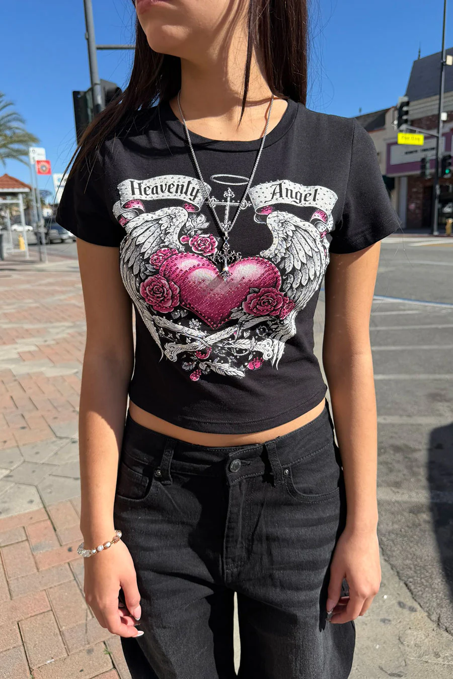 Y2K McBling Heavenly Angel Rhinestone Print Short Sleeve Crop Top - Image 2