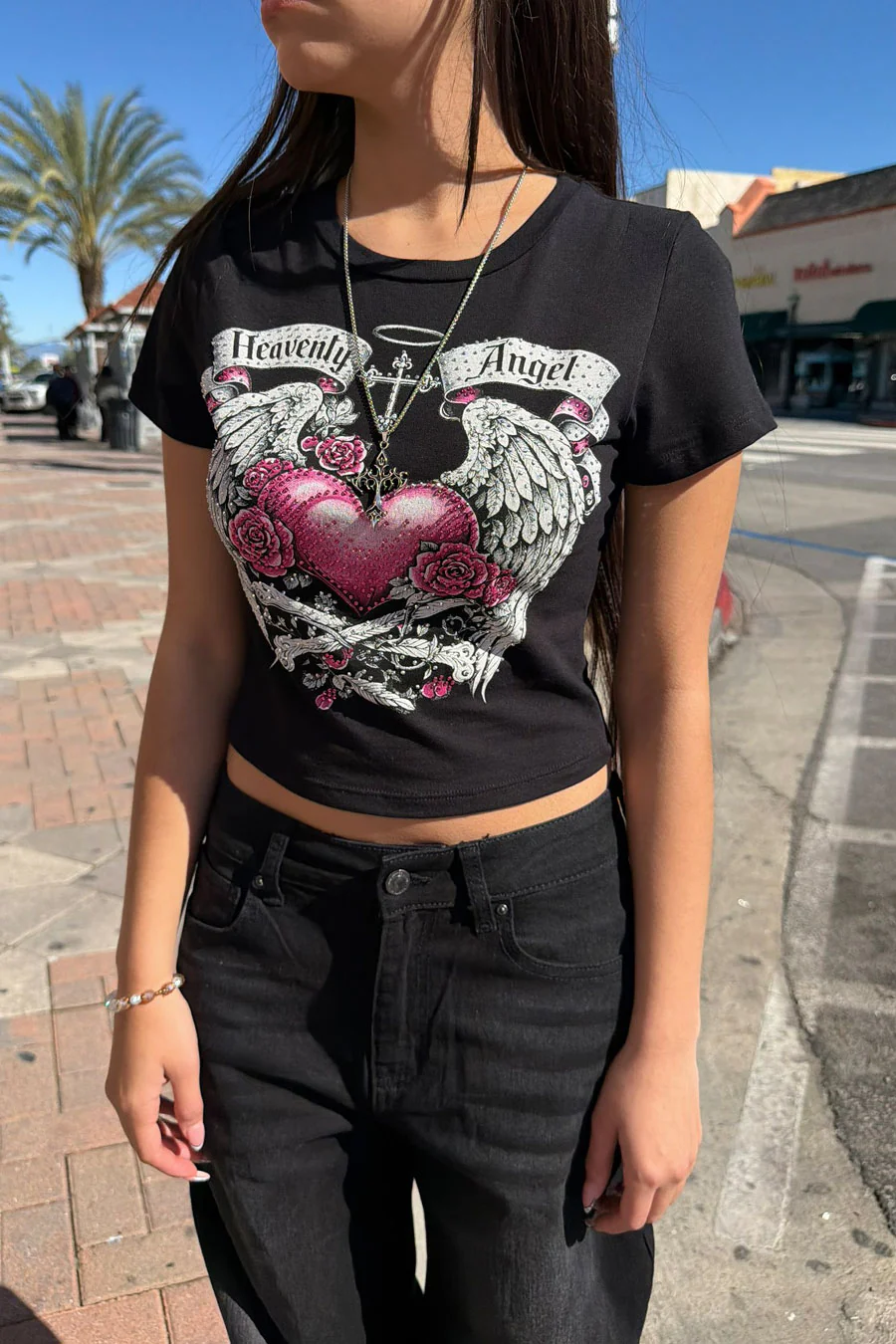 Y2K McBling Heavenly Angel Rhinestone Print Short Sleeve Crop Top - Image 3