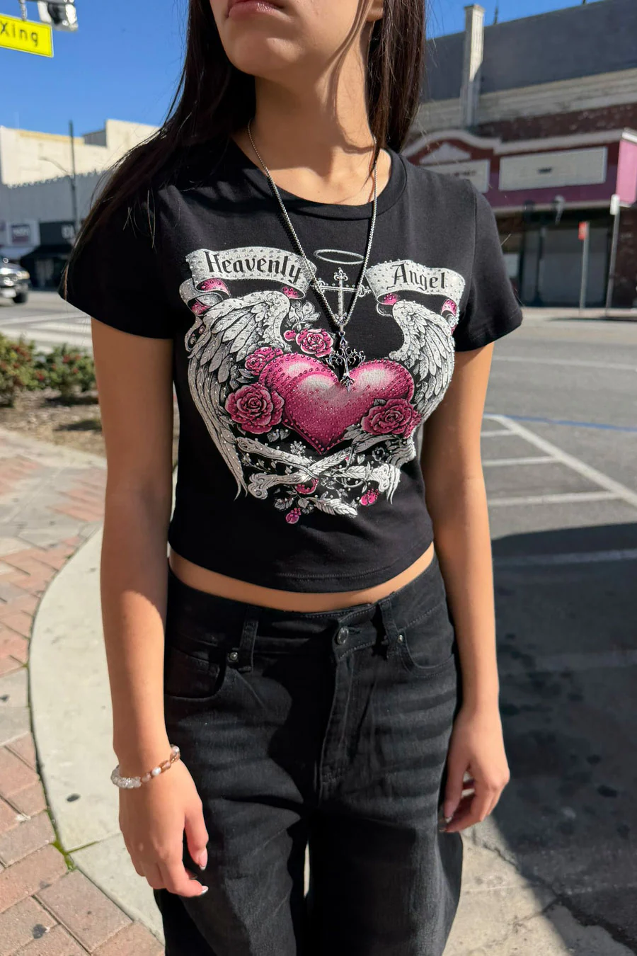 Y2K McBling Heavenly Angel Rhinestone Print Short Sleeve Crop Top - Image 4