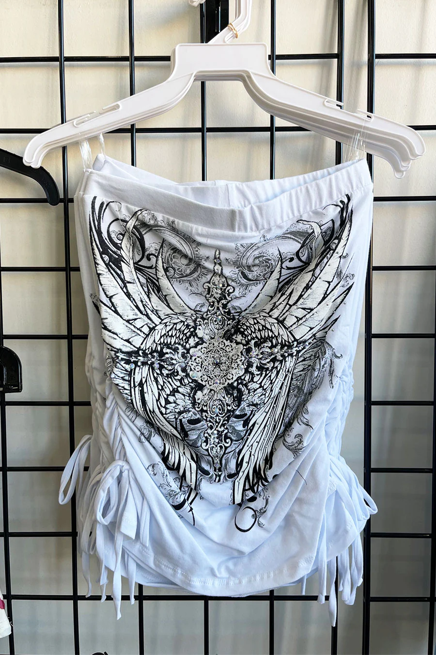 Y2K McBling Pierce Cross & Angel Wing RhineStone Print Side Shirred Tube Top - Image 10
