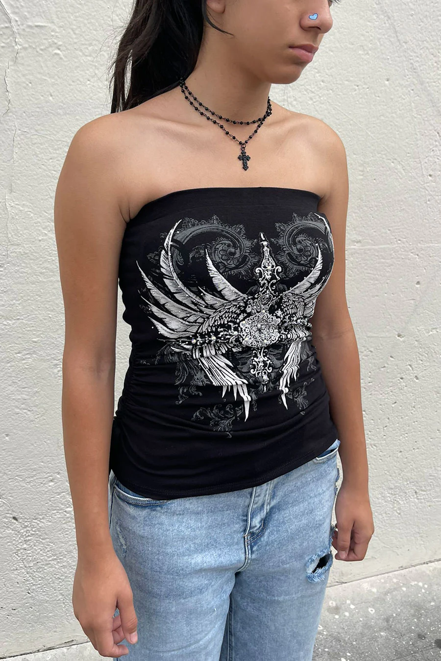 Y2K McBling Pierce Cross & Angel Wing RhineStone Print Side Shirred Tube Top - Image 2